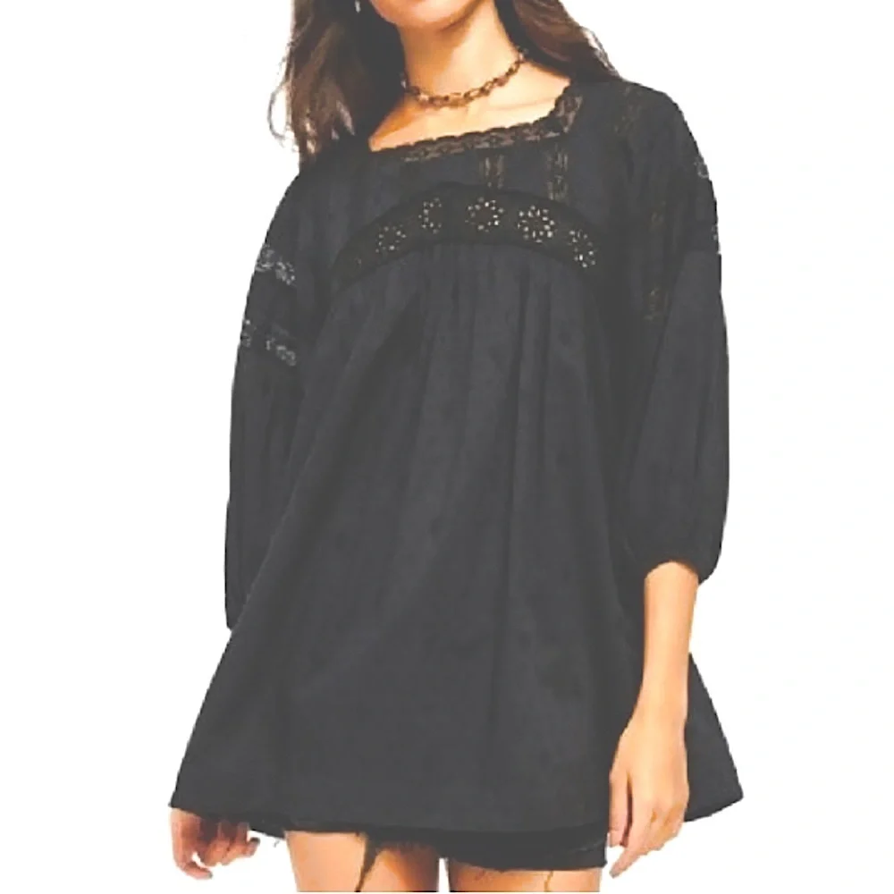 Free People Azelea Lace Tunic Embroidered Top Washed Black Size XS NWT - Picture 1 of 5